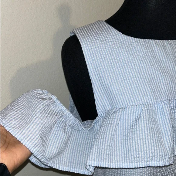 Blue Gingham Off-Shoulder Ruffle Dress - Picture 3 of 6